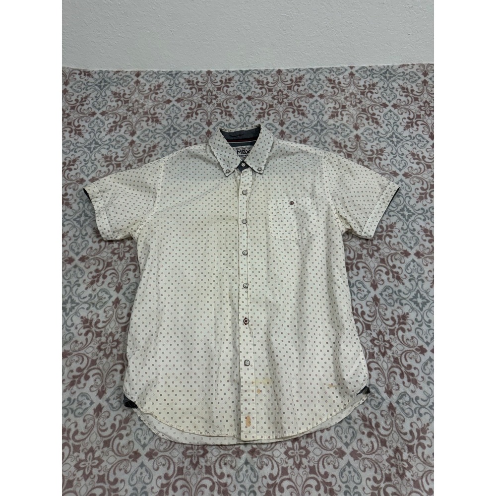 MBX Denim Wear Mens Medium Slim Fit Short Sleeve Button Down Shirt White Print